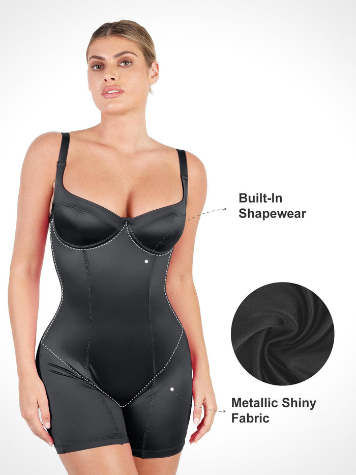 Popilush® black shapewear romper with metallic fabric, designed for smoothing silhouette.