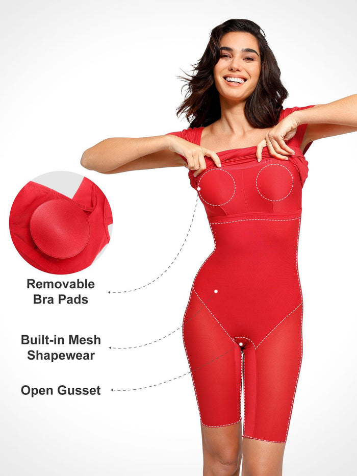 Red midi dress with shaping by Popilush®, showcasing built-in mesh and removable pads.