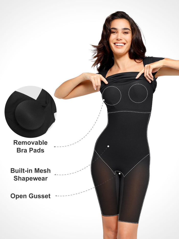 Popilush® bodysuit with built-in shapewear, featuring open gusset and removable bra pads