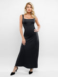 Popilush® black maxi dress: square neck, shapewear, slim waist. Elegant style.