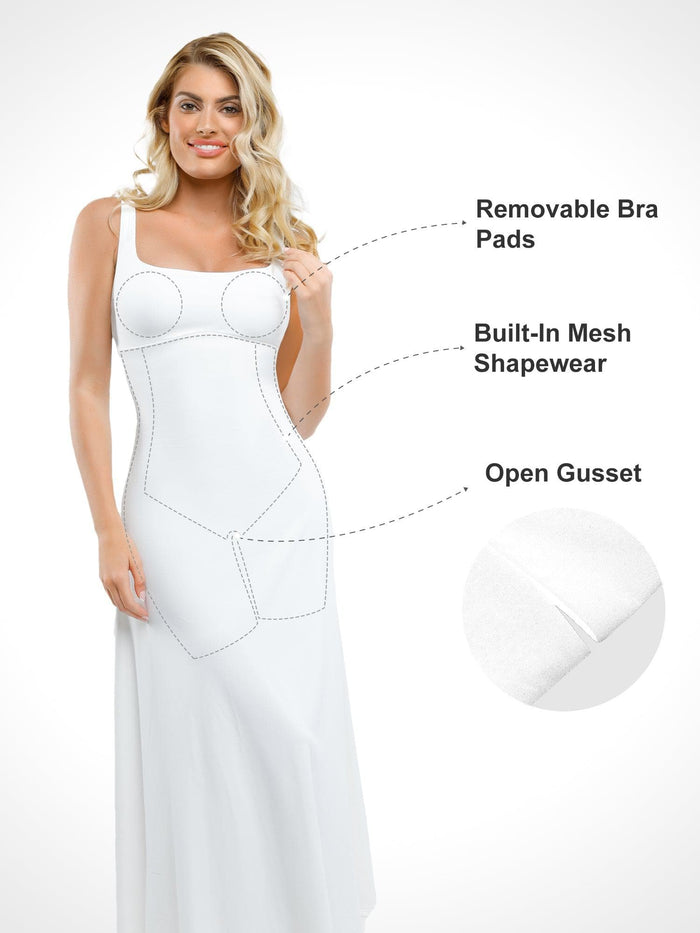 White Popilush® Sleeveless Maxi Dress features built-in shapewear, removable bra pads and open gusset for comfort.