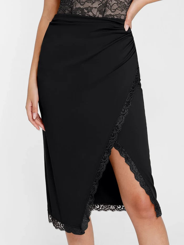 Popilush®'s shapewear skirt: Black lace trim midi wrap design