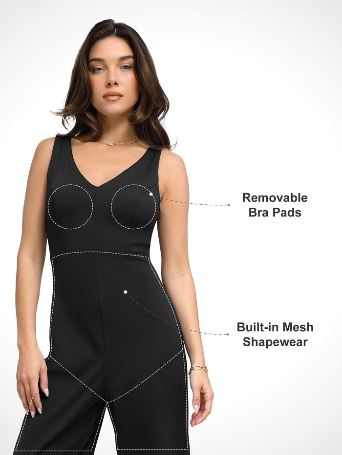 V-neck black jumpsuit with built-in shapewear by Popilush®; features removable bra pads