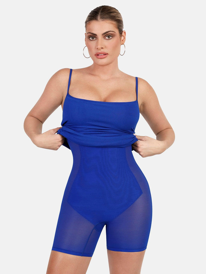 Popilush® blue slip dress with butt-lifting and shaping features. Shapewear jumpsuit.