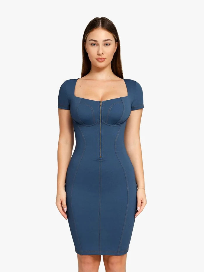Blue denim-look shapewear midi dress with square neck, tummy control, and zipper.