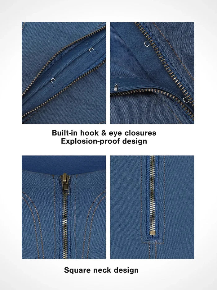 Shapewear denim midi dress detail: blue fabric, square neck, hook & eye closures, zipper.