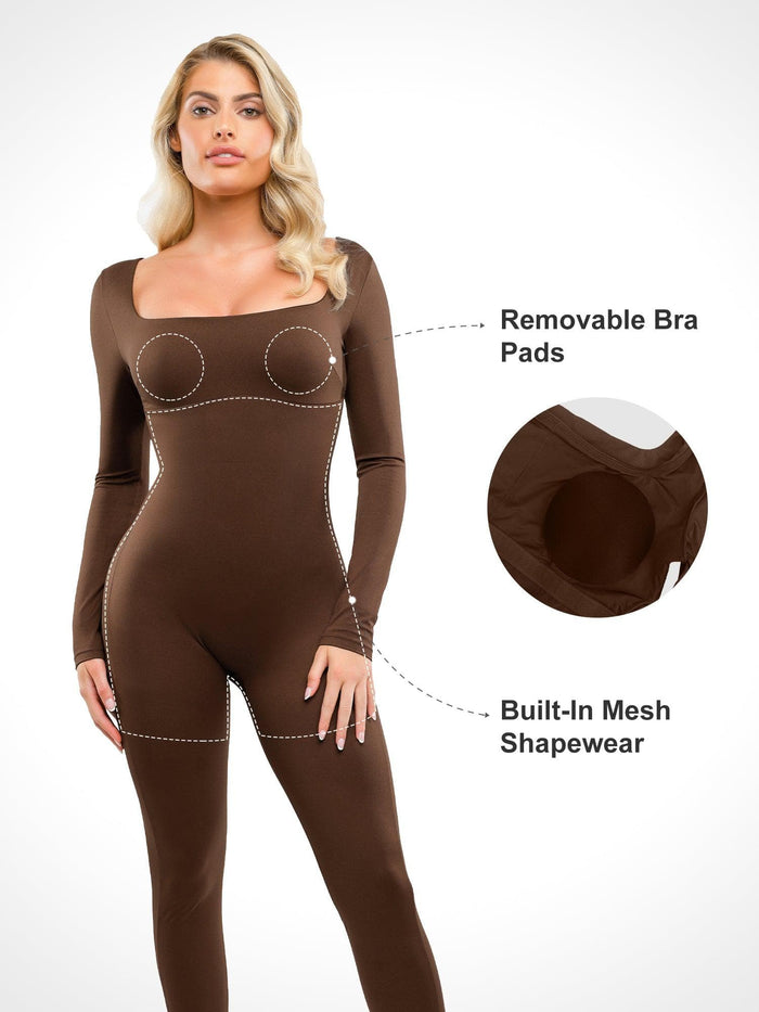 Popilush® Square Neck Jumpsuit: Built-In Shapewear & Removable Pads