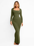 Popilush® olive green long sleeve maxi dress, square neck.