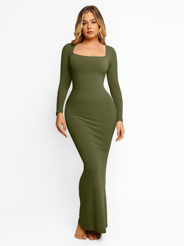 Popilush® olive green long sleeve maxi dress, square neck.