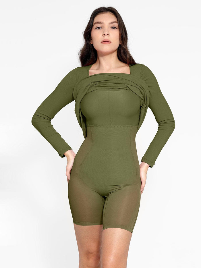 Olive green Popilush® maxi dress with built-in shapewear, square neck design.