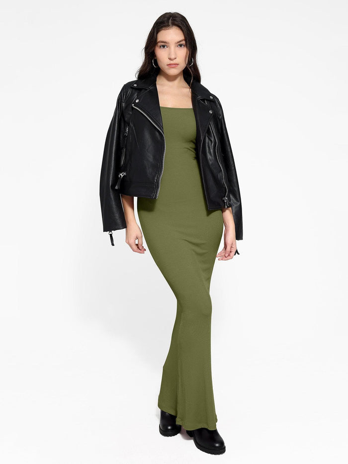 Popilush® olive green maxi dress with black jacket, fashionable outfit.