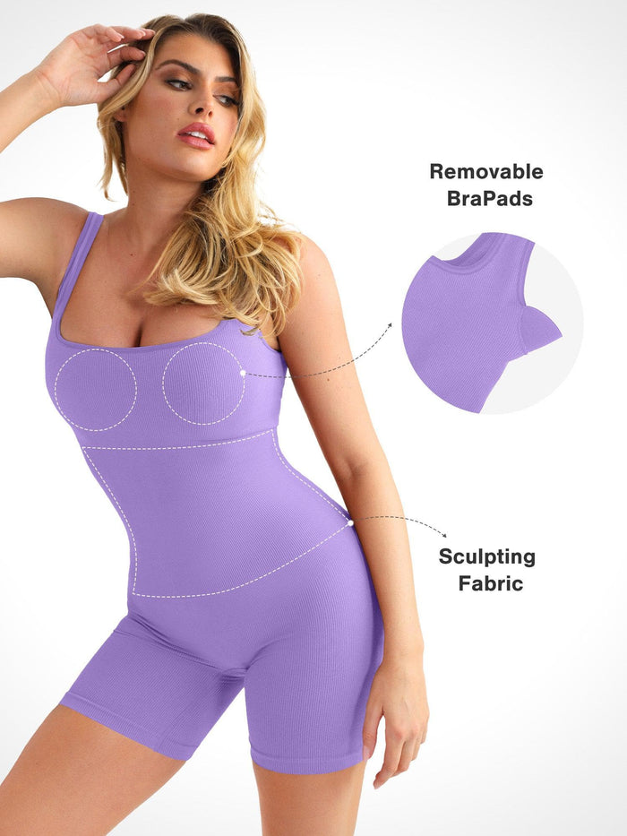Seamless Popilush® sport romper in purple, showing sculpting fabric