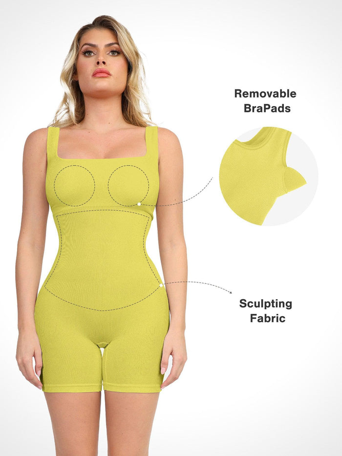 Popilush® seamless square neck sport romper with sculpting fabric and removable pads.