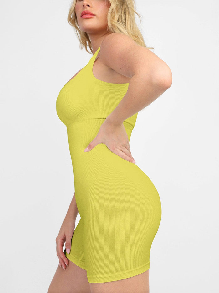 Popilush® yellow seamless sport romper, showing smoothing and shapewear features.