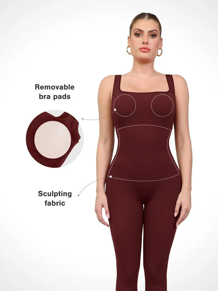 Seamless jumpsuit showing features: sculpting fabric, removable bra pads, from Popilush®.