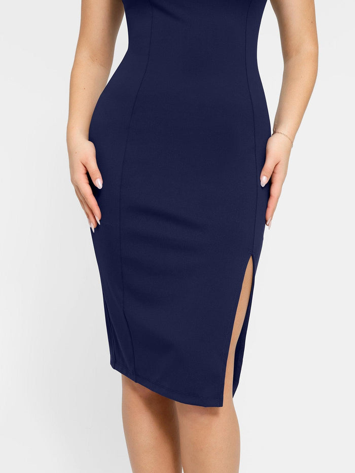 Popilush® navy midi dress, featuring a flattering side split, ideal for work.