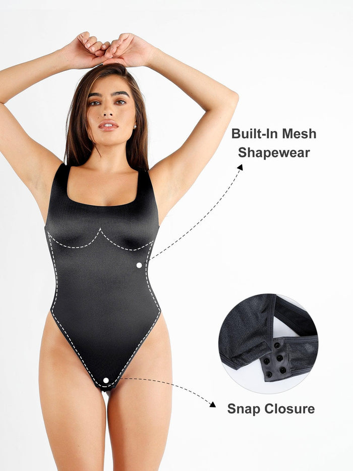 Popilush® Square Neck Bodysuit: Built-in Shapewear & Snap Closure