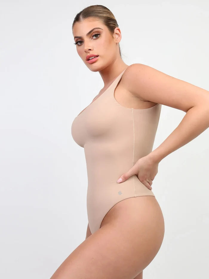 Popilush CloudSense beige high-cut thong bodysuit shapewear tank top, seamless fit.