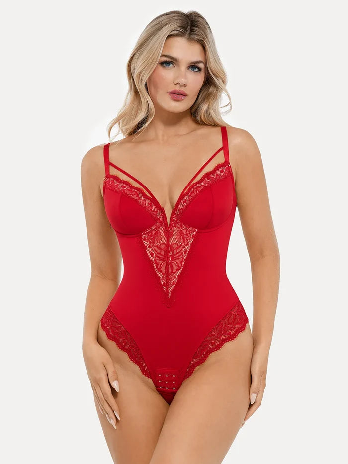 Popilush® Sexy Tops Body Shaper Chili Red / XS Shapewear Strappy Tummy Control Lace Inset Bodysuit