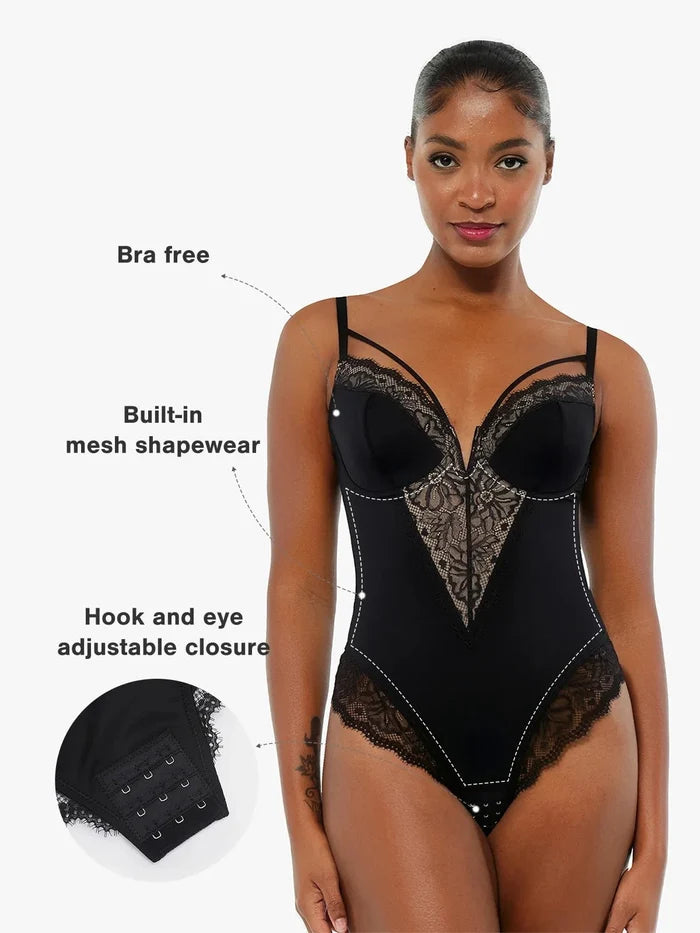 Bra-free shapewear by Popilush®, featuring black lace bodysuit with adjustable closure.
