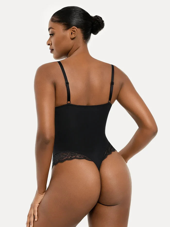 Black lace-inset strappy bodysuit for tummy control and shaping.