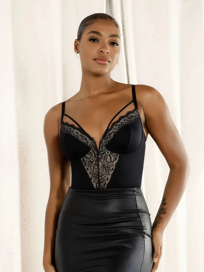 Popilush® black shapewear with lace detail and pencil skirt