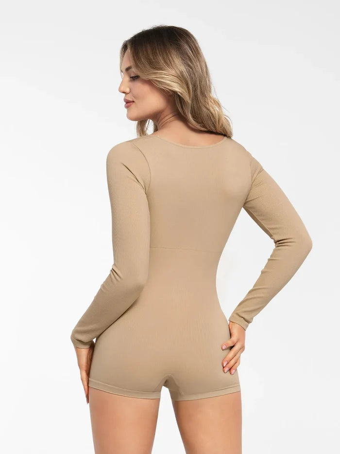 Popilush® shaping romper, long sleeve, nude color, body contouring.