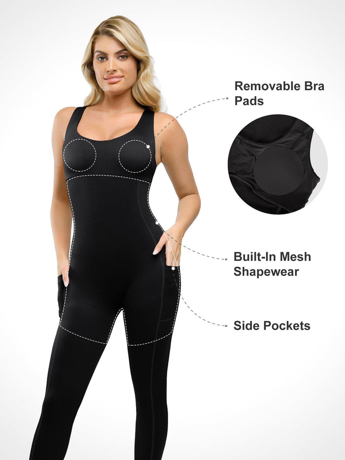 Popilush® jumpsuit features, removable bra pads, and built-in mesh shapewear with side pockets for comfort