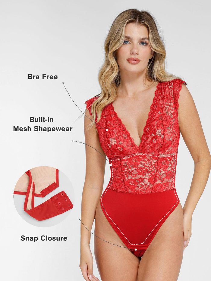 Elegant Popilush® red lace shapewear bodysuit, bra-free
