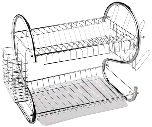 #SimSol - 2 Tier Dish Drying Rack S-Shaped Kitchen Stainless Steel Storage Sink Set Dishes Cups and Cutlery with Removable Plastic Drain Tray Utensil Board Organizer |Ship from US|
