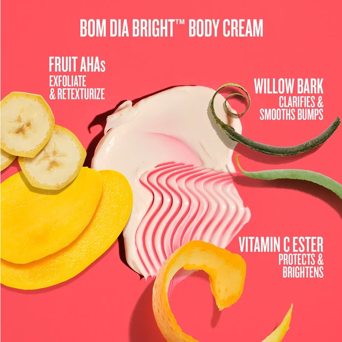 BOM DIA BRIGHT Body Cream smear with banana slices, yellow citrus peel, and green willow bark peel on a bright pink background with product benefits text.