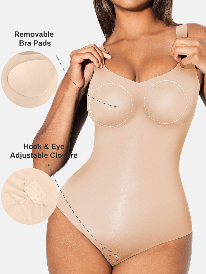 Smoothing sweetheart neckline shapewear tank bodysuit with removable pads and adjustable hook/eye closure.