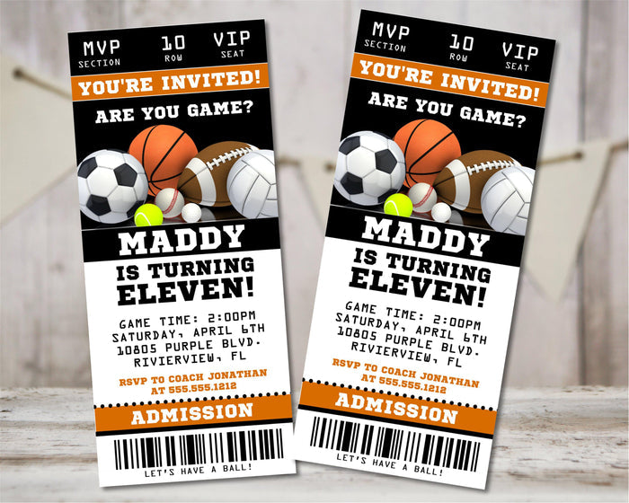 Sports themed birthday invitation with multiple sports balls and ticket style layout