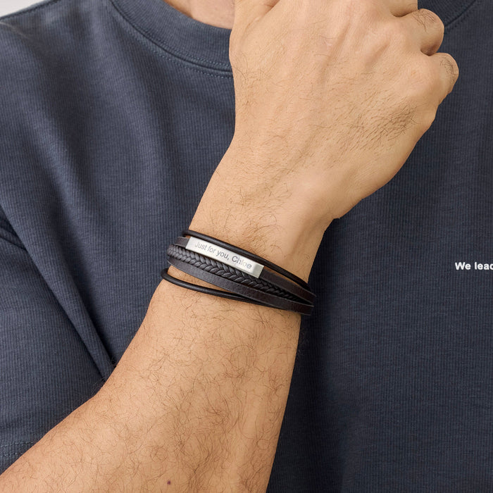 Personalized Engraved Men's Black Braided Leather Bracelet - Ornaments Co - 7.5 inches