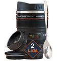 STRATA CUPS Camera Lens Coffee Mug -13.5oz, SUPER BUNDLE! (2 LIDS + SPOON) Stainless Steel Thermos, Sealed & Retractable Lids! Photographer Camera Mug, Travel Coffee Cup, Coffee Mugs for Men, Women