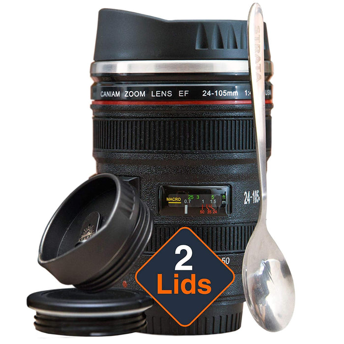STRATA CUPS Camera Lens Coffee Mug -13.5oz, SUPER BUNDLE! (2 LIDS + SPOON) Stainless Steel Thermos, Sealed & Retractable Lids! Photographer Camera Mug, Travel Coffee Cup, Coffee Mugs for Men, Women