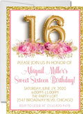 sweet 16 birthday invitations gold balloon floral design
