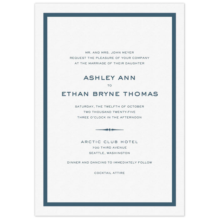 White card with thick navy blue line border. San serif fonts centered on the page. Decorative line flourish separating lines of type.