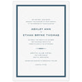 White card with thick navy blue line border. San serif fonts centered on the page. Decorative line flourish separating lines of type.