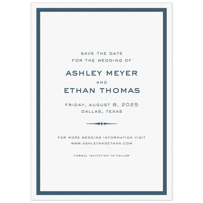 White card with thick navy blue line border. San serif fonts centered on the page. Decorative line flourish separating lines of type.