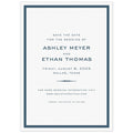 White card with thick navy blue line border. San serif fonts centered on the page. Decorative line flourish separating lines of type.