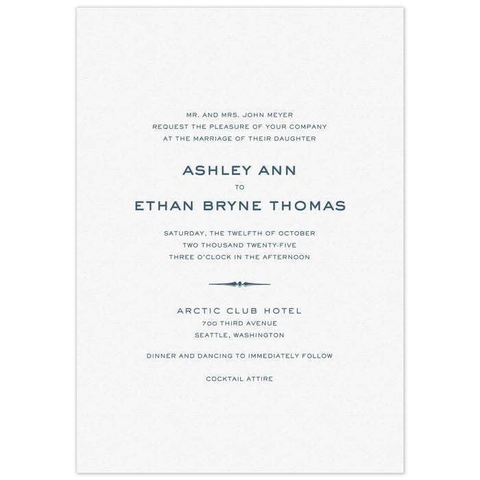 Simple white card with navy block copy centered with a line flourish.