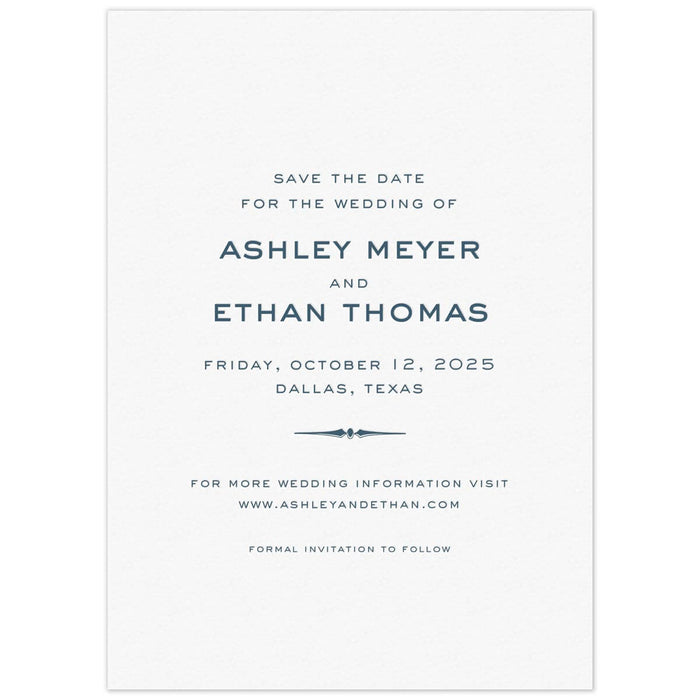 White card with navy block centered on the page. Decorative line flourish separating some lines of copy.