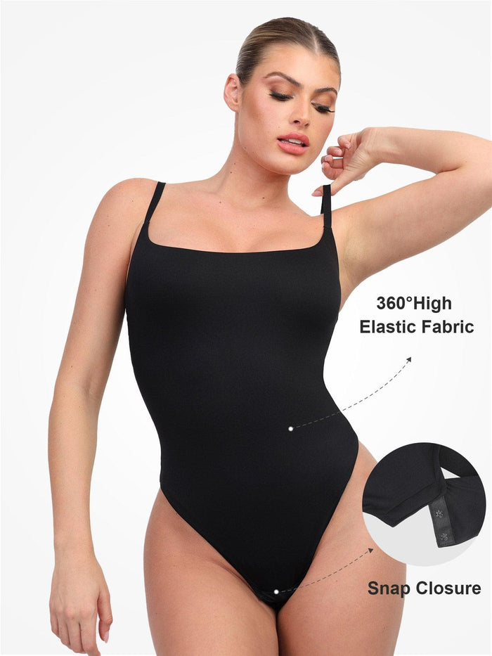 Black bodysuit featuring high-elastic fabric, with snap closure, Popilush® shapewear.