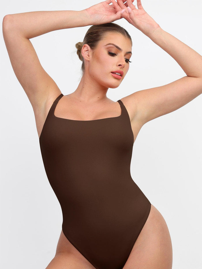 Flattering brown square-neck bodysuit with thin straps from Popilush®. Perfect fit and comfort for all day wear