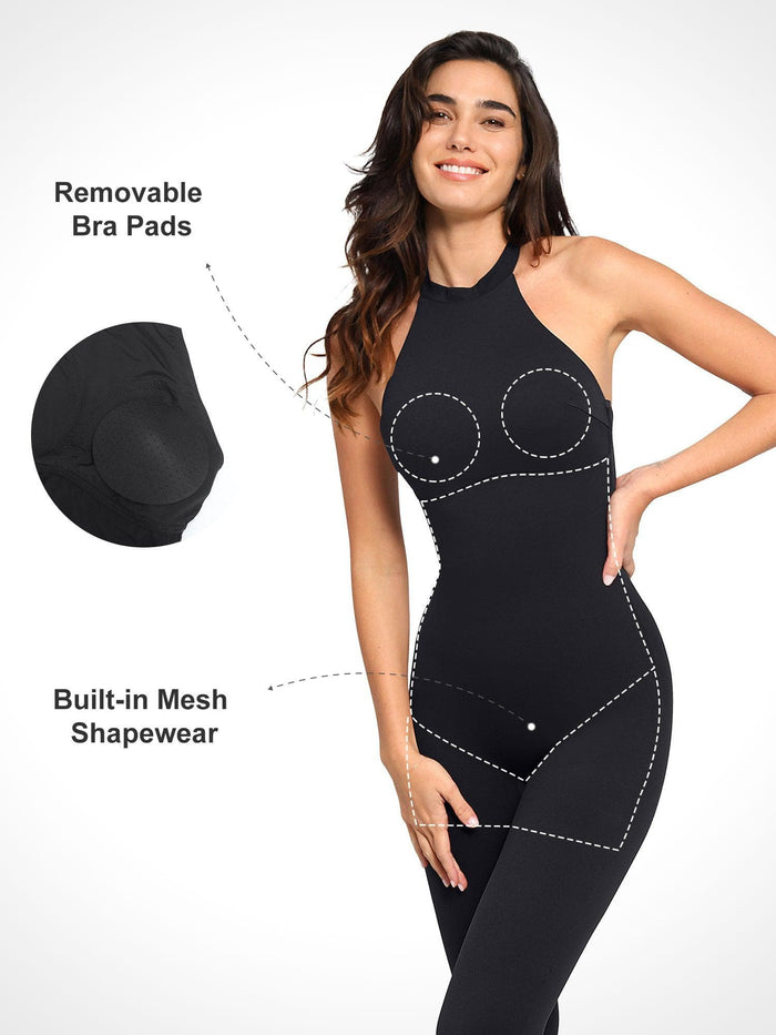 Black Popilush® shapewear jumpsuit features removable bra pads and built-in mesh for body shaping.
