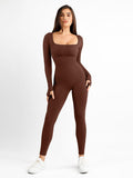 Popilush® Brown seamless jumpsuit with thumb holes and square neckline. Body-con fit.