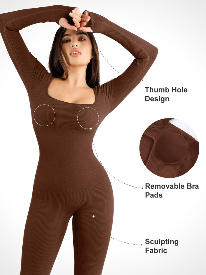 Brown Popilush® jumpsuit: thumb holes, square neck. Sculpting fabric, removable pads for comfort.