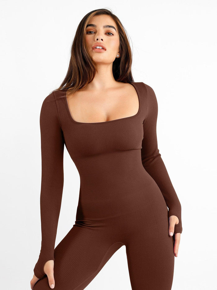 Brown seamless long sleeve shapewear jumpsuit with square neck and thumbholes.