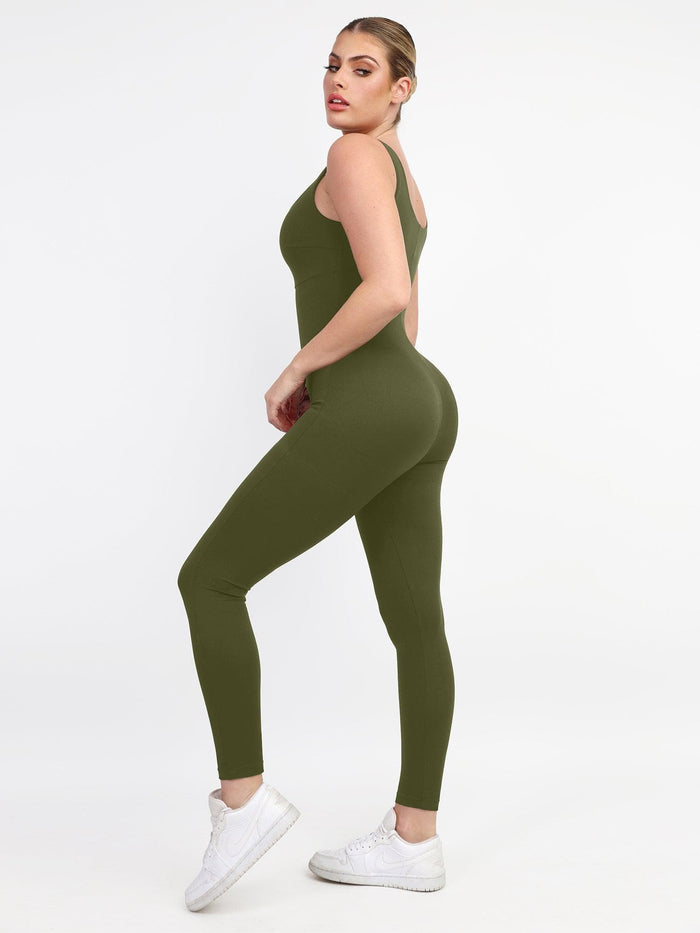 Olive green shapewear workout jumpsuit for women, designed for thigh slimming and tummy control.